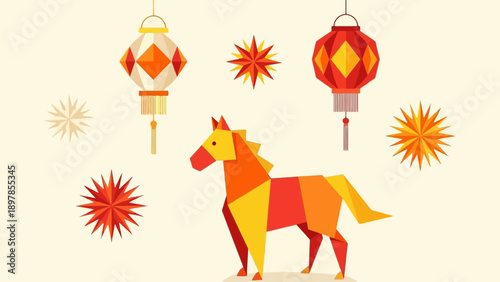 Geometric Papercraft Style Horse Illustration for Lunar New Year Celebration