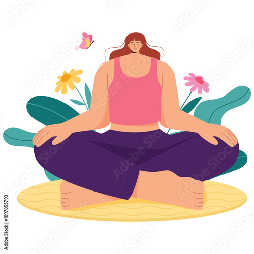 Meditation and Mindfulness Illustration. Vector illustration of Woman meditating outdoors in lotus position with flowers and butterfly, promoting calm and wellbeing. Isolated on background