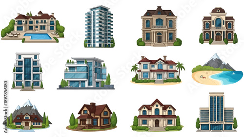 Illustration set of diverse architectural buildings featuring modern apartments, luxury villas with swimming pools, mountain cabins, and premium hotel designs.
