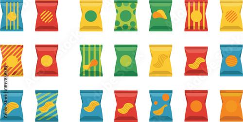 Vector Set of Potato Chip Snack Bags in Various Colors and Patterns for Food Branding Mockups, Grocery Store Displays, and Junk Food Advertisement Designs