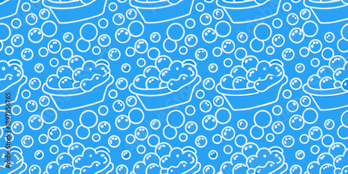 Seamless pattern of soap bubbles and bathtubs in a bright blue color scheme