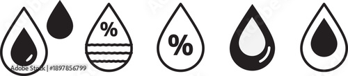 Hydration drink level icon set. Water drop level concept. Saturation water indicator. Water volume. Liquid volume measure symbols.

