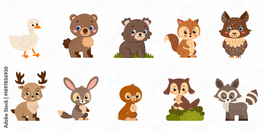 Fototapeta premium Cute cartoon forest animals including a bear deer fox and rabbit
