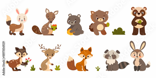 Cartoon illustration of various forest animals including rabbits deer and bears