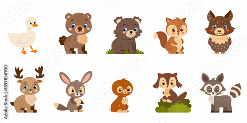Cute cartoon forest animals including a bear deer fox and rabbit