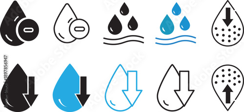 ১. Water drop level icon set. Minimalist liquid volume measure. Hydration drink level in clean flat vector style.