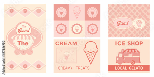 A collection of pastel pink and cream ice cream themed design elements