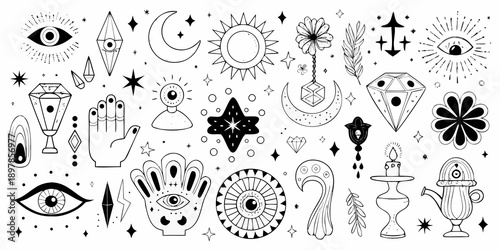 Mystical and celestial themed black and white line art illustration