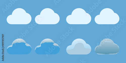 A row of fluffy white and shaded blue clouds against a blue background