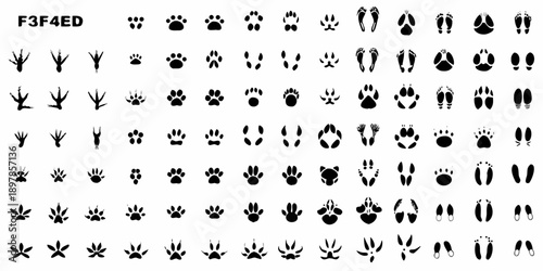 Collection of various black and white animal footprint and symbol icons
