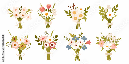 Collection of delicate watercolor flower bouquets with varying blooms