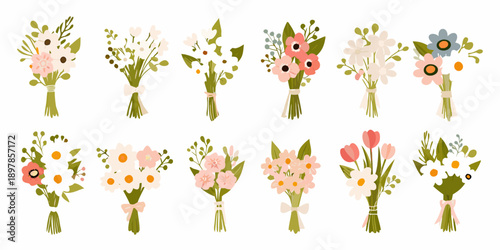 Assorted flower bouquets in a simple illustrative style are displayed