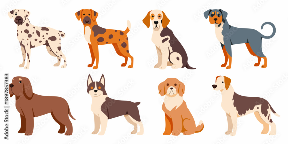 Fototapeta premium Collection of diverse dog breeds in a colorful illustrative style