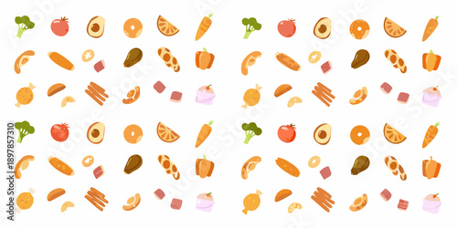 Colorful arrangement of various food items including fruits vegetables and meats