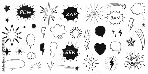 Collection of black and white comic book style explosion and speech bubbles