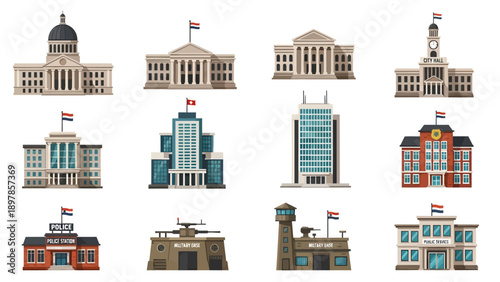 Comprehensive Flat Vector Illustration Set of Various Government and Public Service Buildings Including City Hall, Police Station, Military Base, and Capitol.