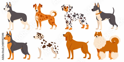 Collection of various illustrated dog breeds in a cartoon style