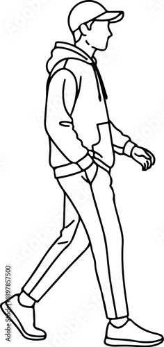 Illustration of a man walking in profile, wearing casual clothing and a cap, shown from a side viewpoint