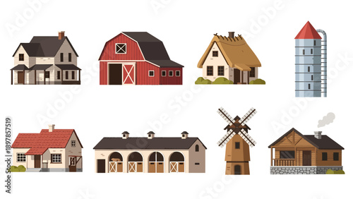 Illustration collection of rustic farm buildings featuring red barn, farmhouse, windmill, grain silo, and stables isolated on white background for rural theme.