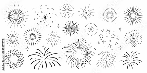 Black and white illustration of various bursting firework shapes and star sparkles