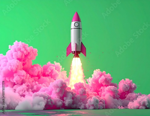 Cartoon rocket blasting off amidst vibrant pink smoke on green