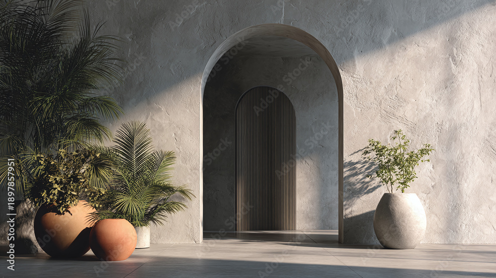 Fototapeta premium An architectural marvel featuring arched doorways and potted plants bathed in sunlight