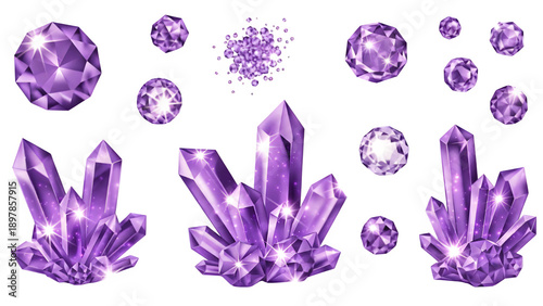 Vibrant purple crystals and gemstones sparkling