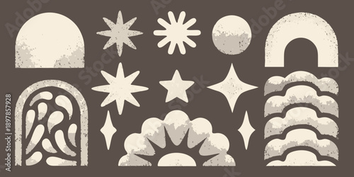Abstract celestial and organic shapes in a muted color palette