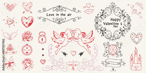 Hand drawn valentine s day doodles and romantic illustrations in red ink