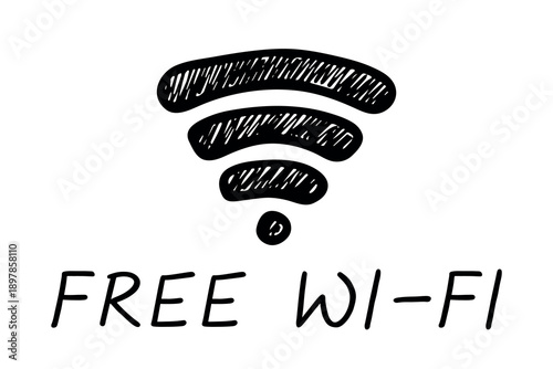 Hand drawn free wifi spot zone sign Public wi-fi area sign Wireless internet clipart in doodle style Single element for print, web, design, decor 3G, 4G, 5G, 6G, IoT