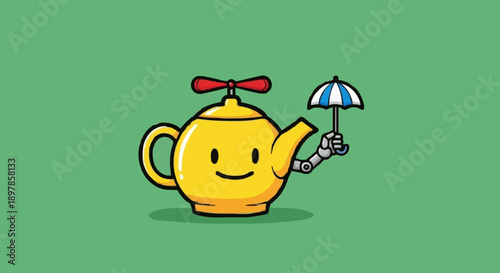 A smiling yellow teapot with a propeller and umbrella on a green background viewed from the front