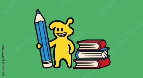 Cartoon character holding a pencil alongside books on a green background from a straightforward view