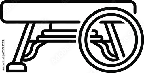 Minimalist black and white line art icon representing an antique artillery cannon or historical siege weapon with a decorative wheel element design