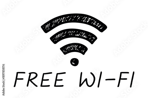 Hand drawn free wifi spot zone sign Public wi-fi area sign Wireless internet clipart in doodle style Single element for print, web, design, decor 3G, 4G, 5G, 6G, IoT