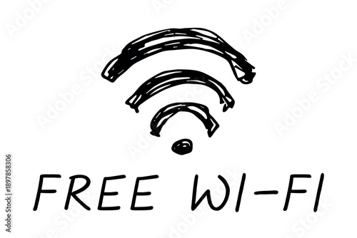 Hand drawn free wifi spot zone sign Public wi-fi area sign Wireless internet clipart in doodle style Single element for print, web, design, decor 3G, 4G, 5G, 6G, IoT
