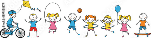 Playful cartoon children enjoying outdoor activities with bicycle, kite, jump rope, ball, hula hoop, balloon, skateboard promoting healthy lifestyle