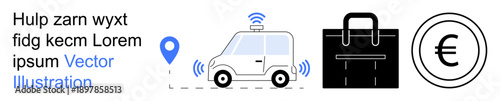 Logistics technology, e-commerce, contactless delivery, autonomous systems, mobile apps, fintech. Van with wireless signals, briefcase euro symbol. Logistics technology and e-commerce