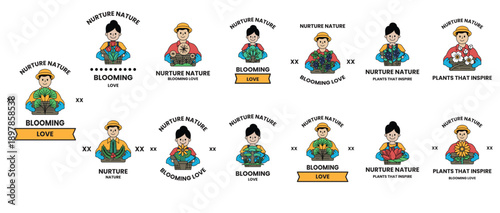 A series of cartoon characters are sitting in a row, each with a different name