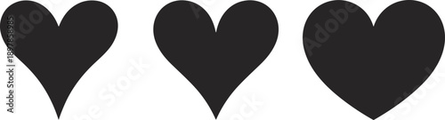 Black heart silhouette variations representing love, romance and emotional expression, simple romantic symbols collection isolated on white background for modern design use