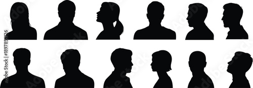 Human head silhouette collection showing diverse male and female profiles, front and side views, anonymous people faces set isolated on white background