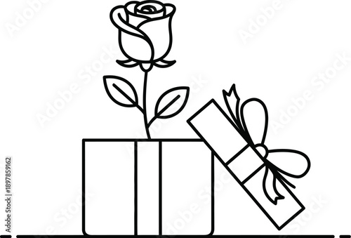 Simple black and white line art icon illustrating a single rose flower unexpectedly emerging from an open gift box tied with a decorative bow.