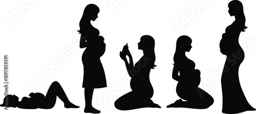 Motherhood and pregnancy silhouette collection showing maternity poses, pregnant woman bonding with baby, maternal love and family concept illustration isolated on white background