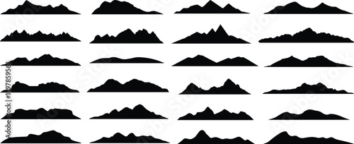 Mountain silhouette collection showing abstract mountain ranges and hill horizons, minimalist black landscape vector set for nature backgrounds, terrain design elements isolated on white