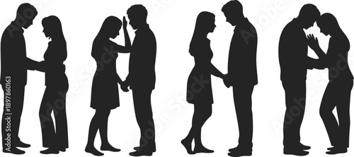 Romantic couple silhouettes expressing love, conflict, support and reconciliation, relationship emotions sequence, man and woman body language, intimate moments isolated on white background