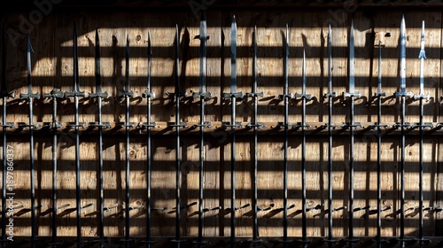 halberds. An armory interior with rows of halberds racked, creating rhythmic shadow patterns. event programs, museum guides, designed for cultural heritage projects and event programs.