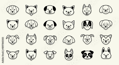 A collection of 25 stylized, minimalist dog face icons in a grid layout, showcasing diverse breeds and expressions.