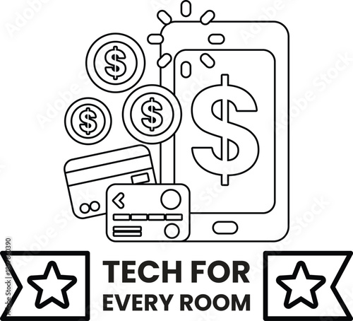 A black and white image of a cell phone with a bunch of coins and a dollar sign