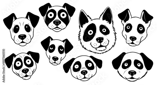 A collection of black and white cartoon dog faces, some resembling pandas, with distinct markings around their eyes and ears.