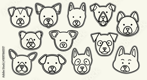 A charming collection of diverse dog faces, each rendered in a simple, bold outline style against a textured, light background.