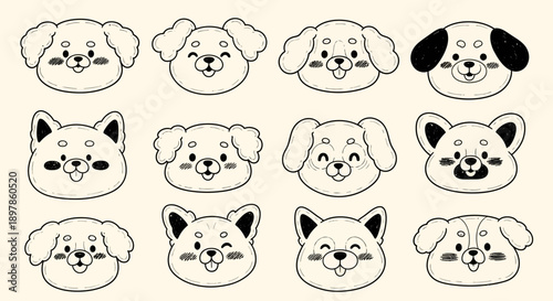 A charming collection of adorable cartoon dog faces, each with unique expressions and breeds, presented in a grid format.